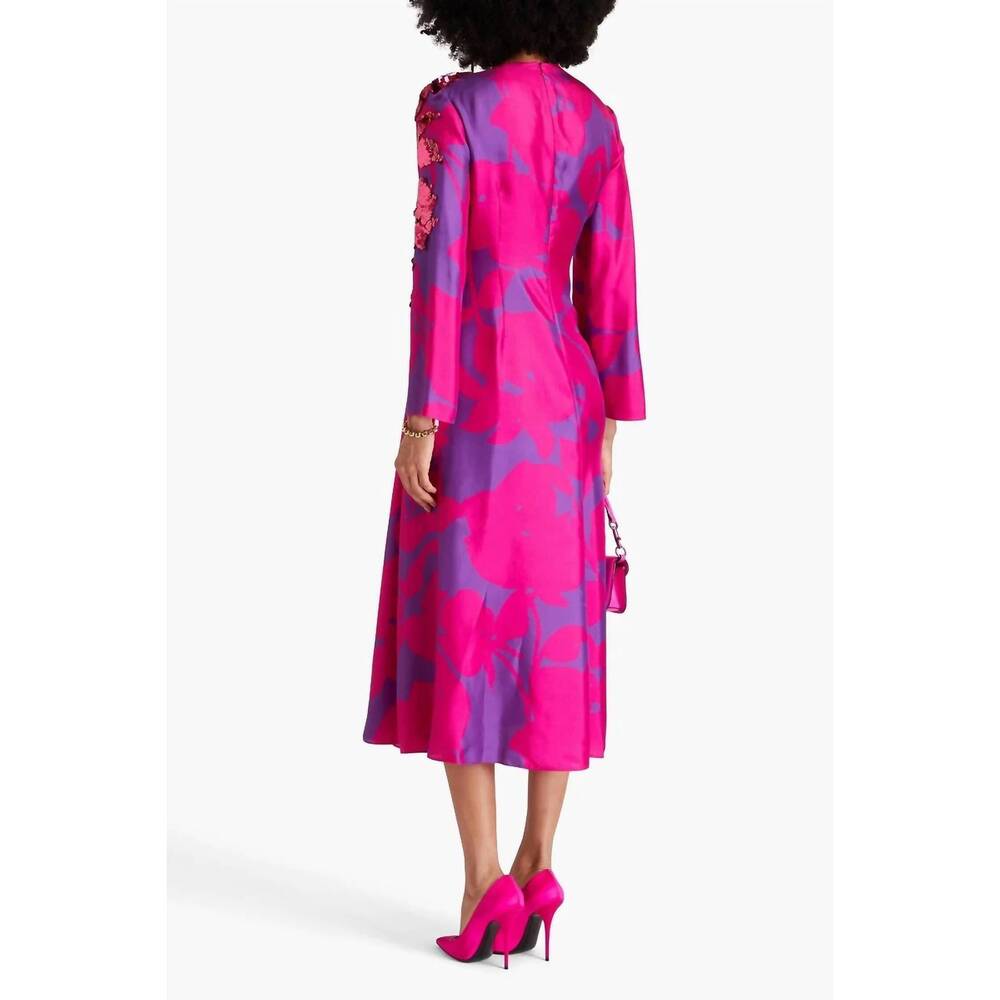 NEW VALENTINO embellished floral silk-faille midi dress in shocking pink/ purple - Picture 2 of 3